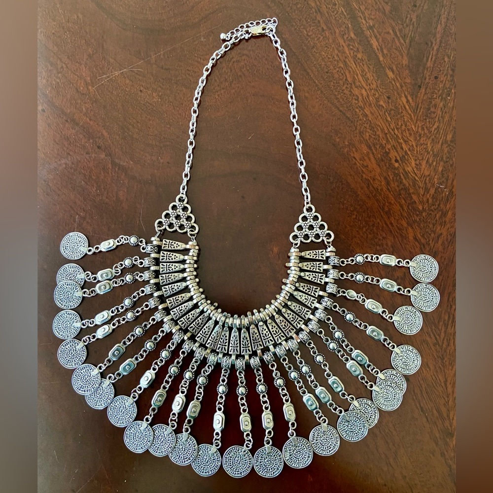 Vintage Gypsy Boho Silver Tone 19”Necklace with Dangling Multi Coin Charms